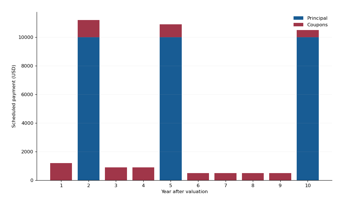 Frozen three-rung ladder showing coupon payments and principal maturities in years two, five and ten